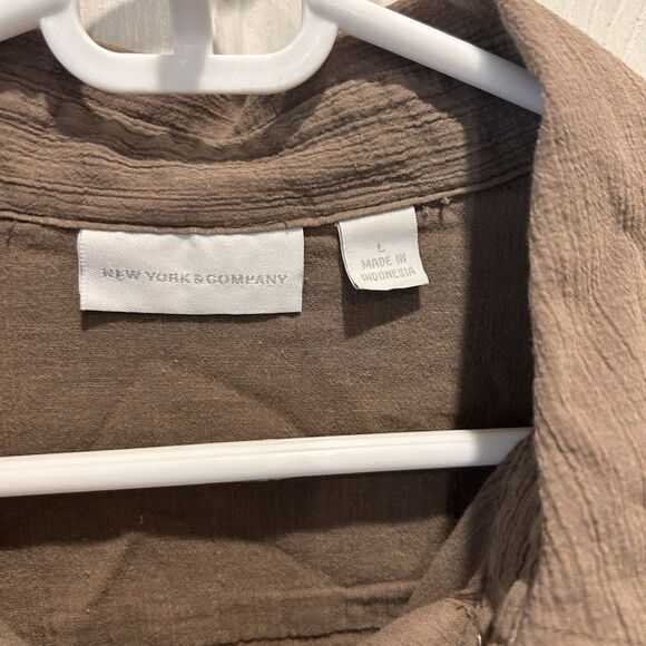 NY&C Large Brown Semi Sheer Button‎ Up Shirt Roll Tab Sleeve Top Career Beachy - Picture 6 of 9